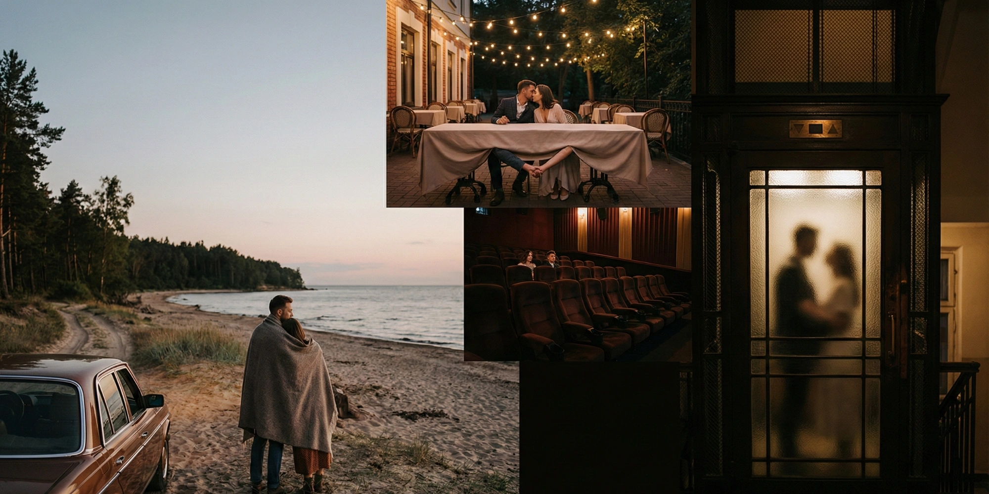 Moments de complicité dans le couple : scènes romantiques variées illustrant l'intimité à la plage, au restaurant et en soirée.