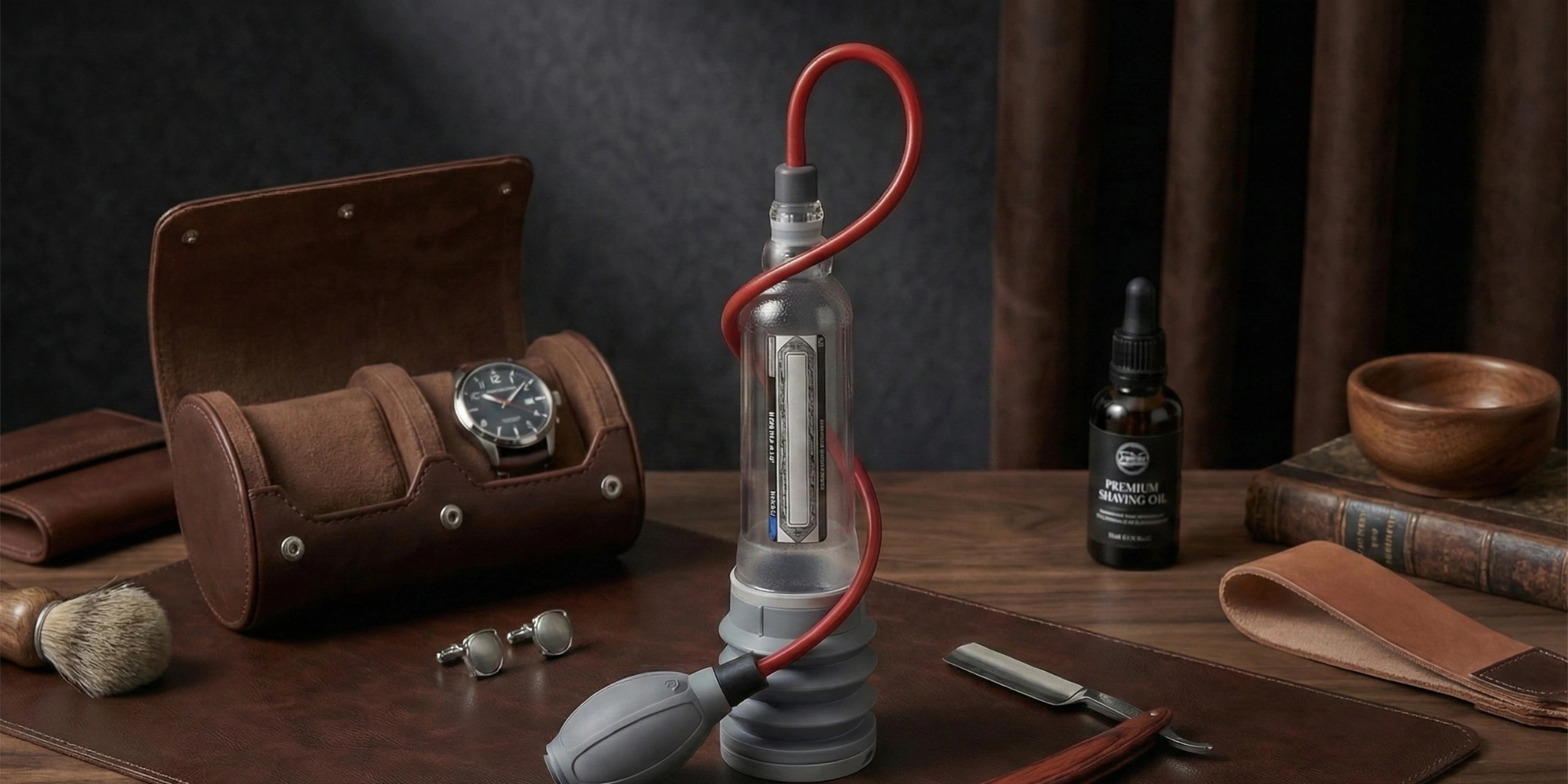 Pompe à eau pénienne à soufflet gris remplie d'eau, présentée comme un accessoire de bien-être masculin haut de gamme.