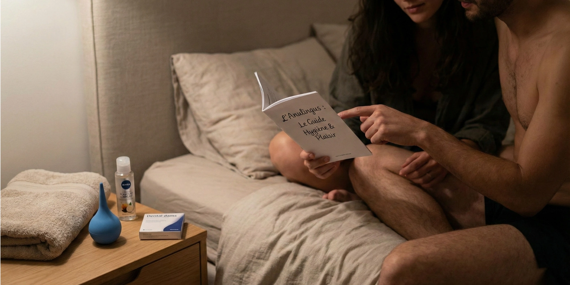 Couple souriant et complice lisant le livre "Kamasutra 2.0 : Les Positions avec des Jouets" sur un lit, avec trois accessoires intimes et une tablette numérique au premier plan.