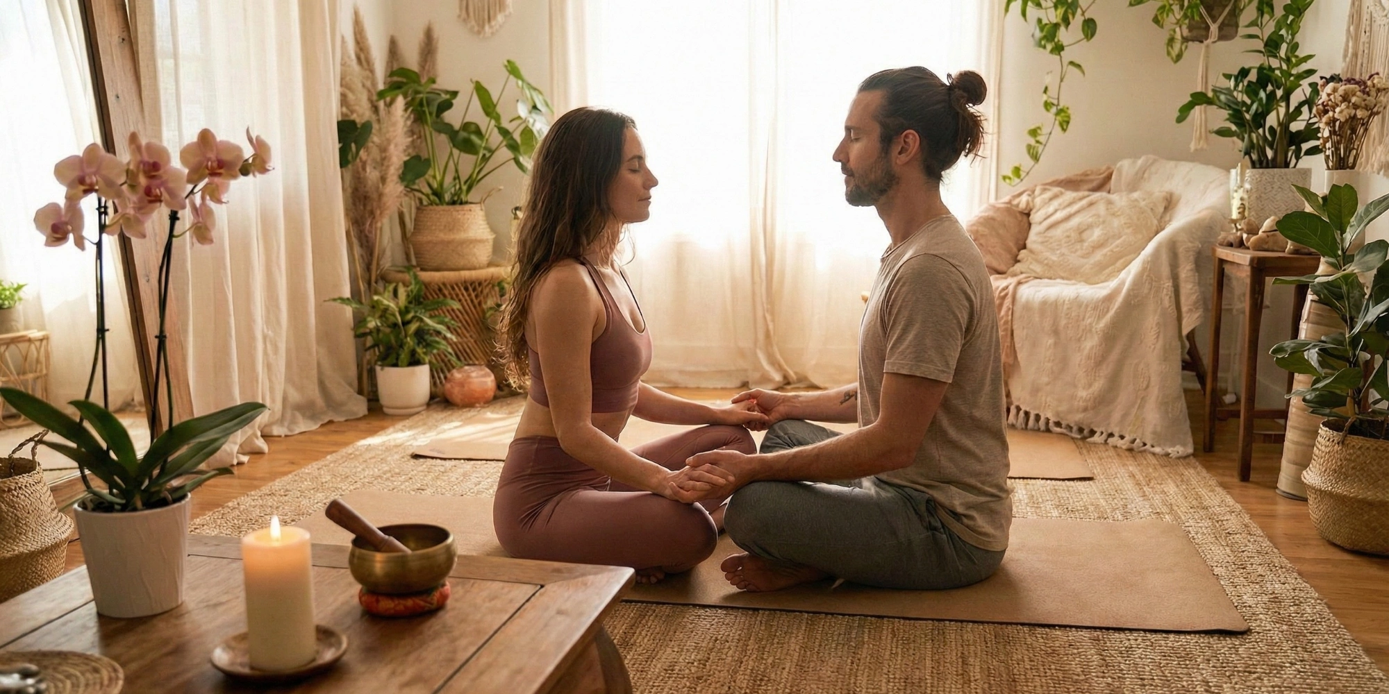 Couple pratiquant la méditation tantrique face à face, se tenant les mains pour renforcer leur connexion spirituelle et charnelle.