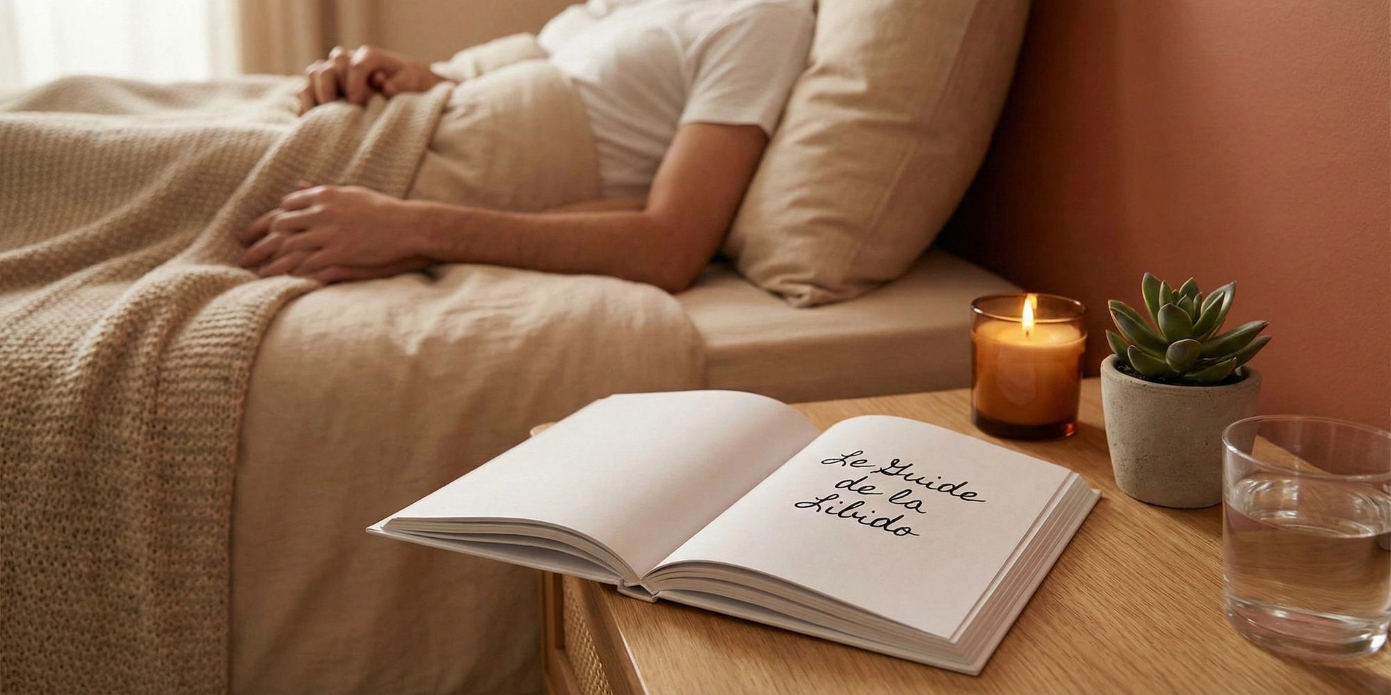 Livre 'Le Guide de la Libido' posé sur une table de nuit, avec un homme se reposant au lit en arrière-plan.