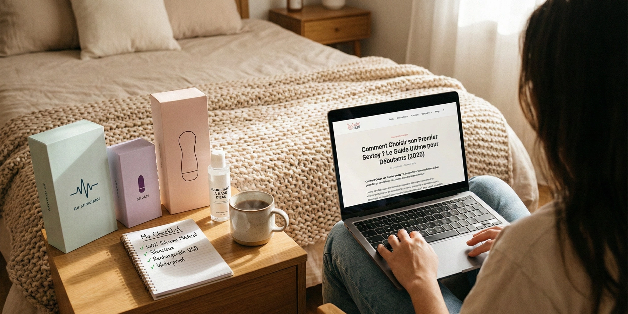 Femme consultant sur son ordinateur le guide ultime pour choisir son premier sextoy en 2025, avec plusieurs boîtes de jouets sur la table.