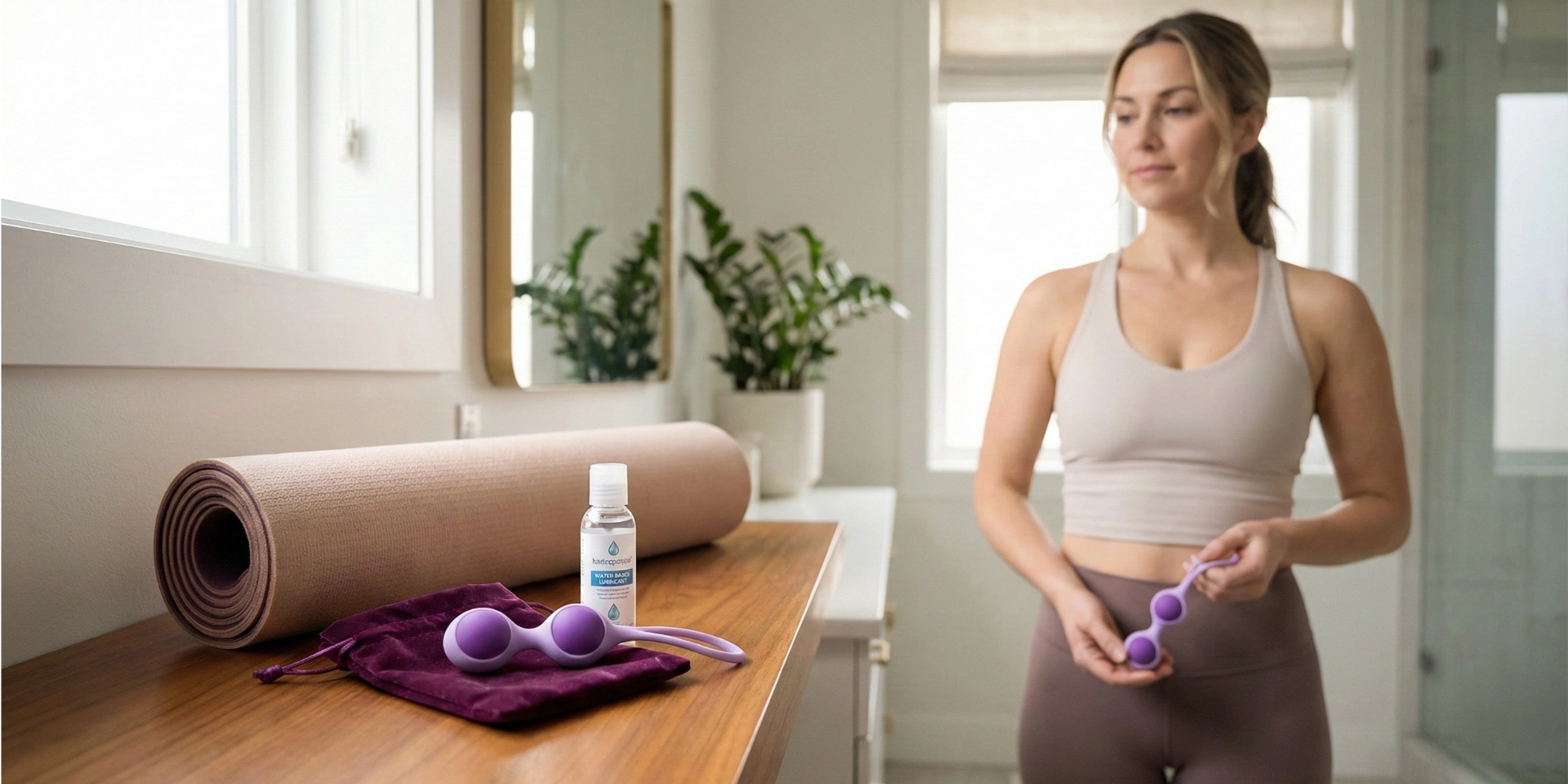 Accessoires de rééducation périnéale : boules de Kegel lestées, tapis de yoga et lubrifiant à l'eau posés sur un meuble.