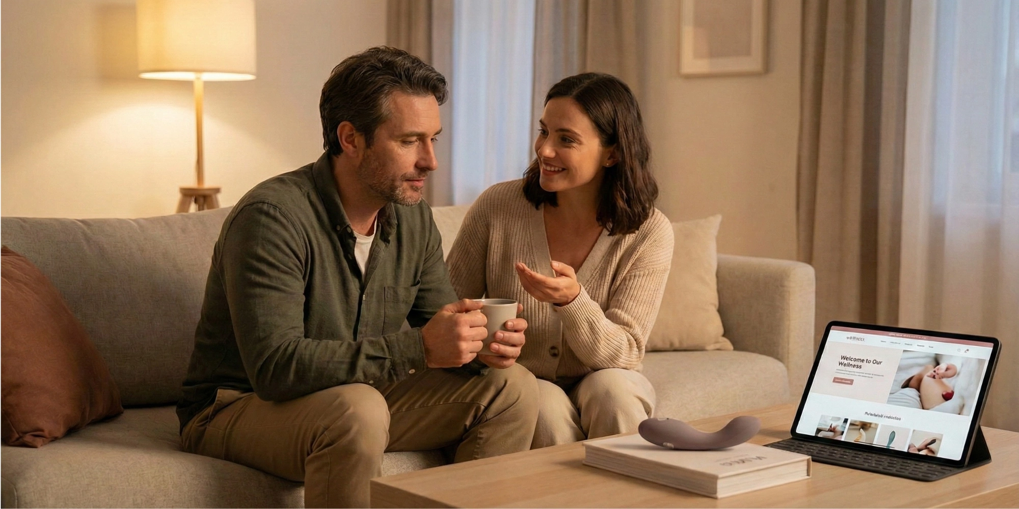 Couple complice discutant ouvertement de sexualité dans leur salon en consultant un site de bien-être intime sur tablette.