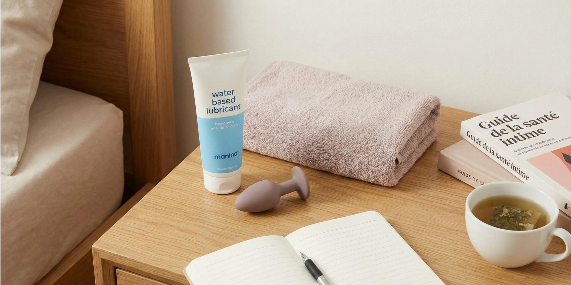 Accessoires pour éviter la douleur anale : lubrifiant à base d'eau, plug en silicone et guide de santé intime posés sur une table de nuit