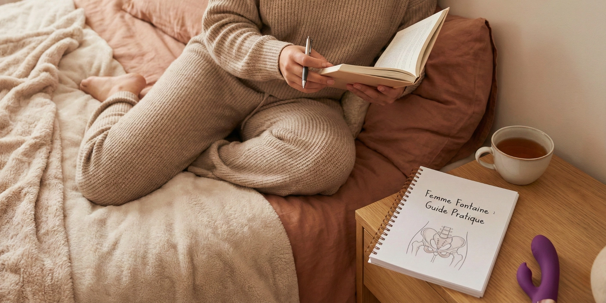 Femme allongée sur un lit, lisant un livre, avec à côté le guide "Femme Fontaine : Guide Pratique" et un vibrateur violet, symbolisant l'éducation sexuelle et le bien-être intime.