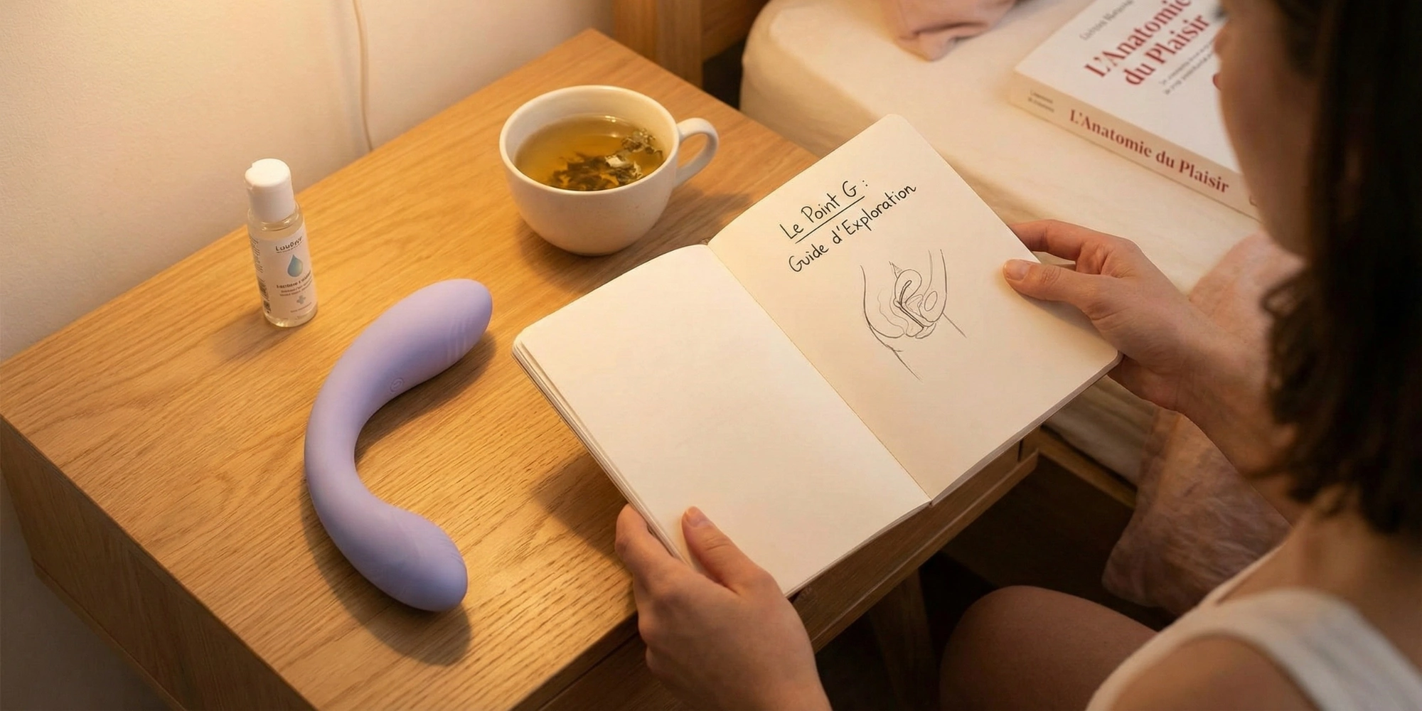 Femme lisant le guide 'Le Point G' avec un vibromasseur violet et des accessoires de bien-être sexuel posés sur la table de nuit.