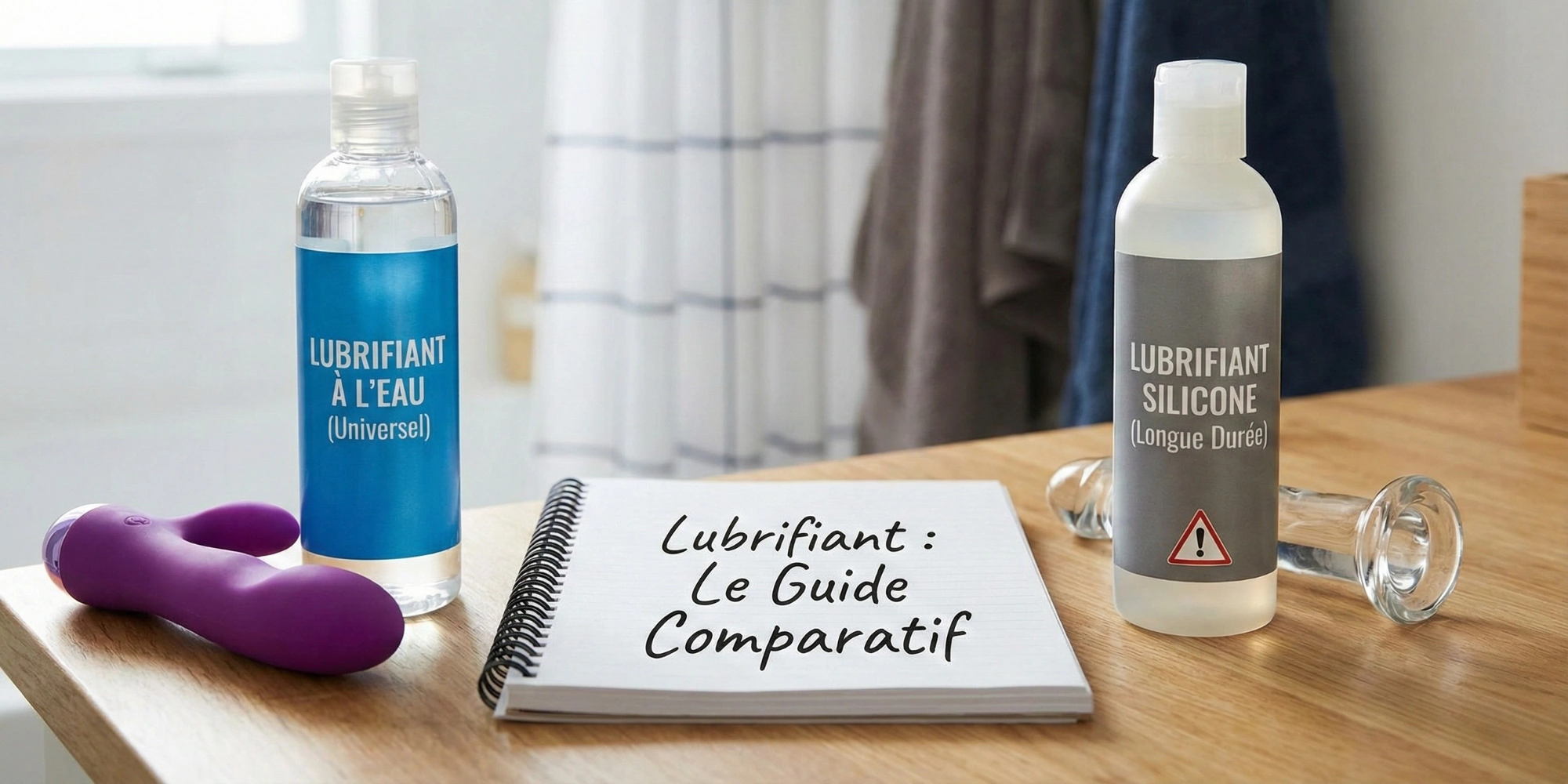 Comparatif entre lubrifiant à l'eau et lubrifiant silicone, illustré par un guide écrit, un vibromasseur et un sextoy en verre dans une salle de bain.