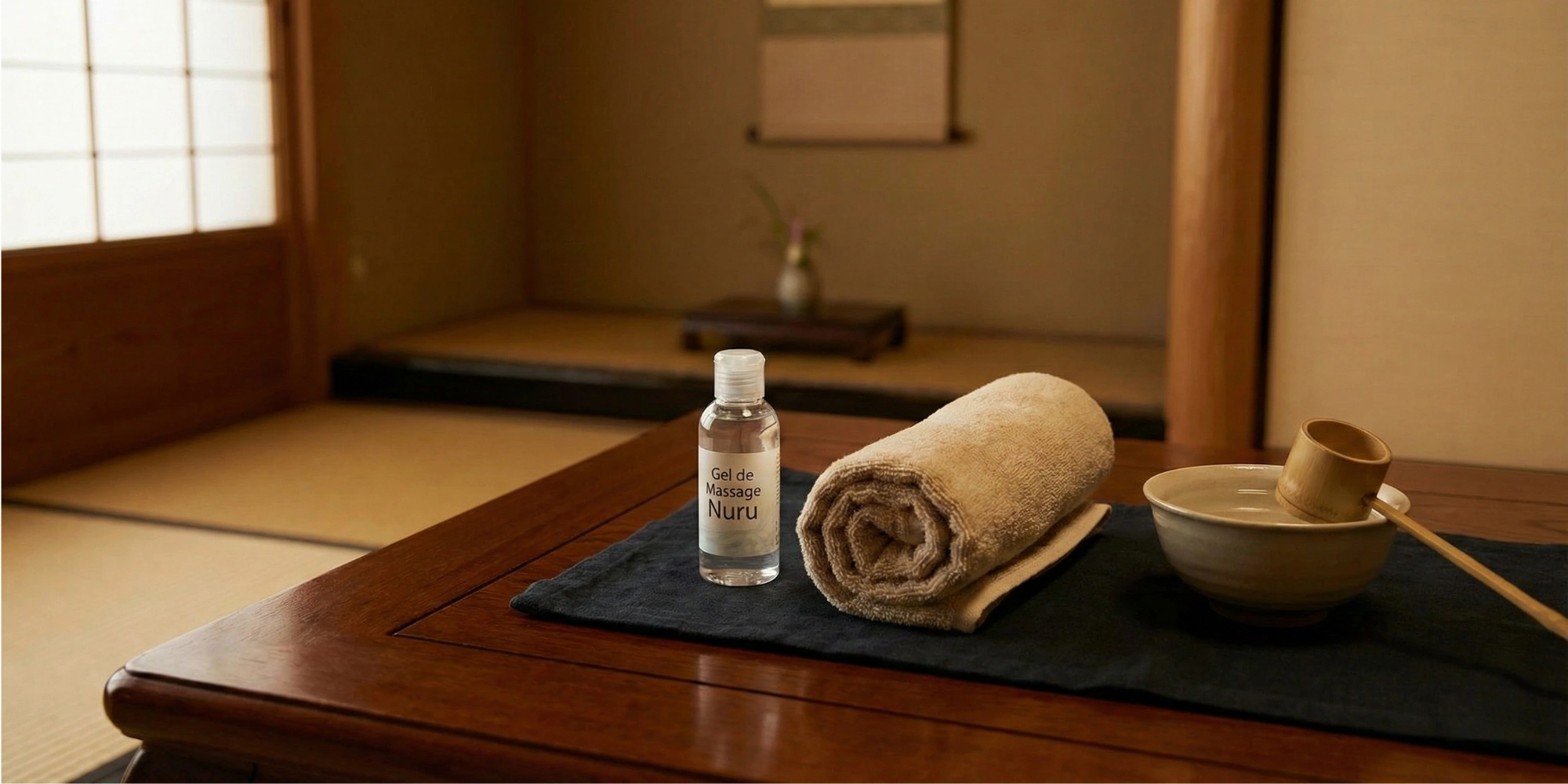 Gel de massage Nuru et cadre traditionnel pour le guide du massage corps à corps japonais