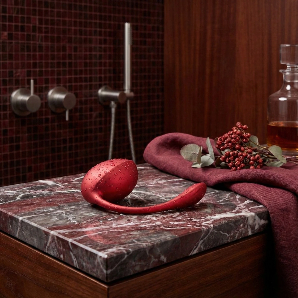 Oeuf vibrant étanche Satisfyer Shany Petal sur marbre dans une ambiance bain relaxante.