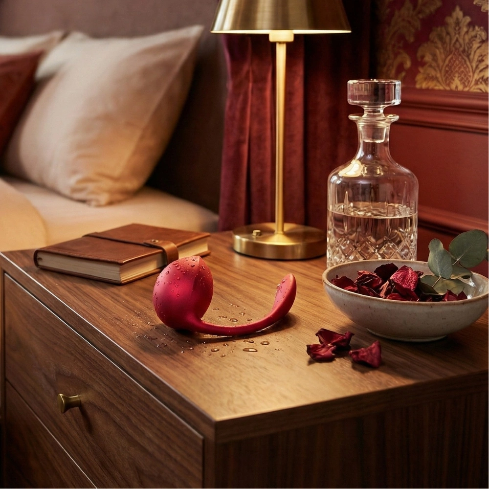 Sextoy discret Satisfyer Shany Petal sur une table de chevet avec pétales rouges.