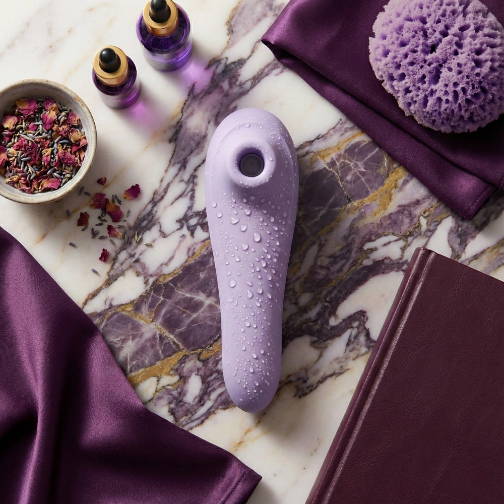 Satisfyer Dual Pleasure étanche avec gouttes d'eau dans un décor de bain luxueux.