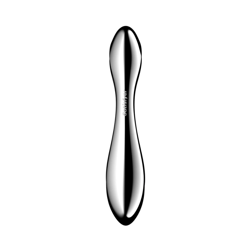 Vibromasseur de luxe Satisfyer Pure Gravity 2 avec surface lisse en métal argenté.