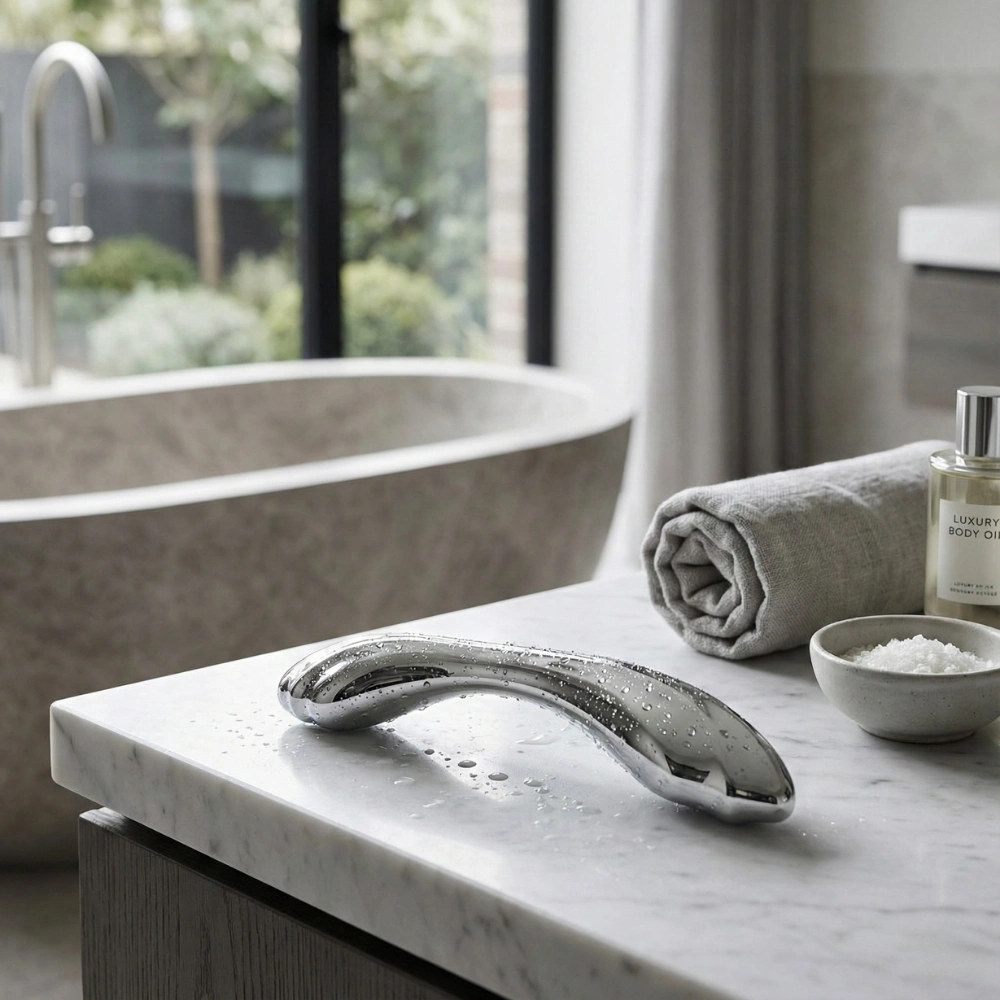 Sextoy de luxe Satisfyer Pure Gravity 2 posé sur un rebord de marbre blanc.