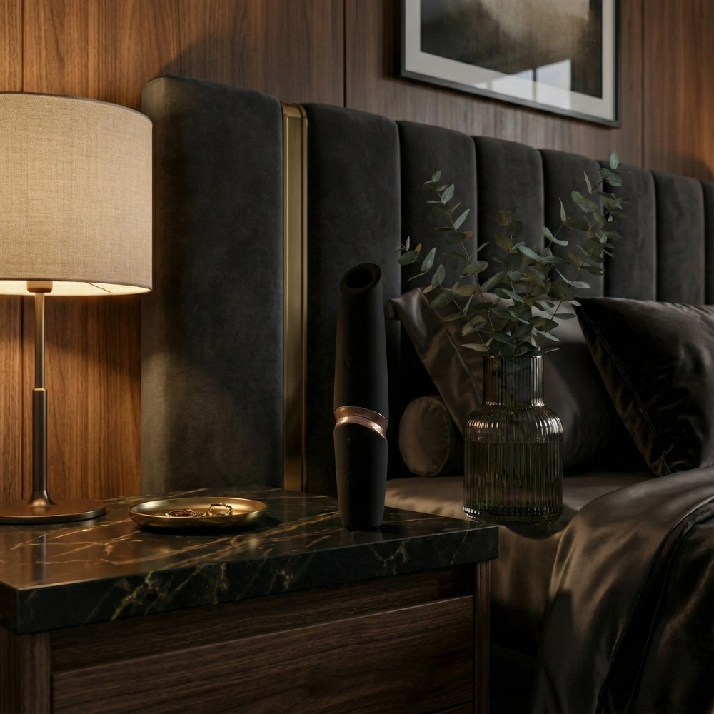 Sextoy de luxe Satisfyer Perfect Kiss Wave sur une table de chevet moderne.