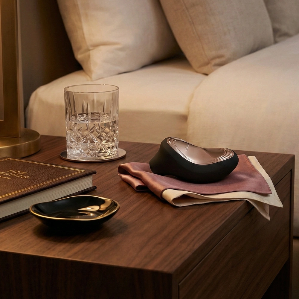 Sextoy de luxe Lelo Sona 2 Cruise Noir posé sur une table de chevet dans une chambre élégante.