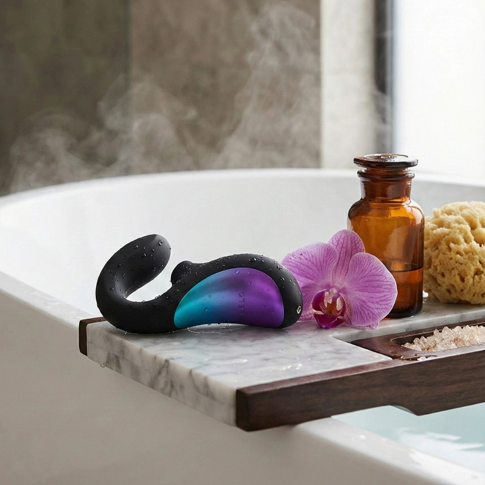 Lelo Enigma Wave waterproof sur un plateau de baignoire pour un moment de bien-être.