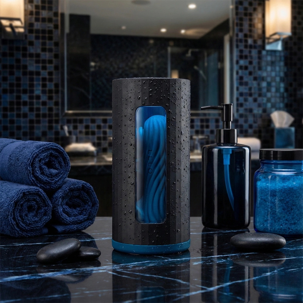 Masturbateur homme étanche Lelo F1s V3 posé dans une salle de bain moderne et zen.