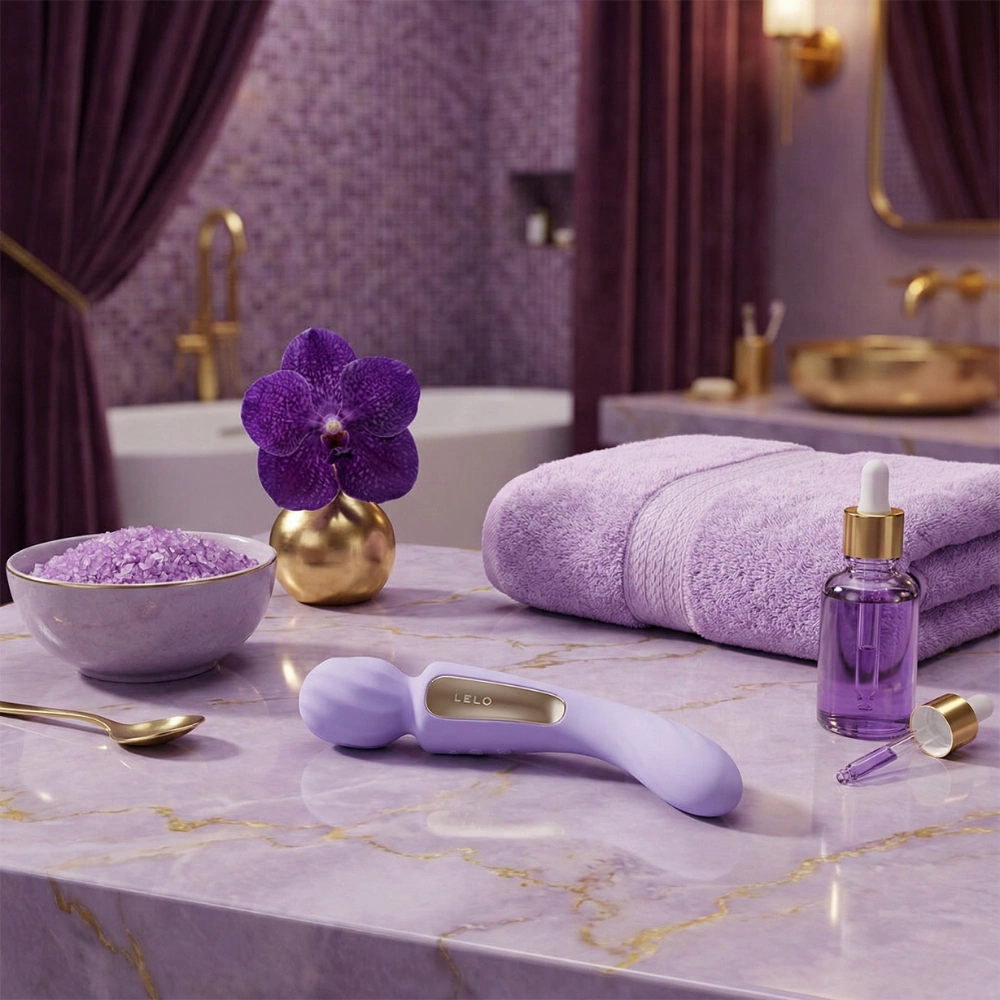 Masseur personnel Lelo Lilas dans un décor de salle de bain zen avec orchidée.