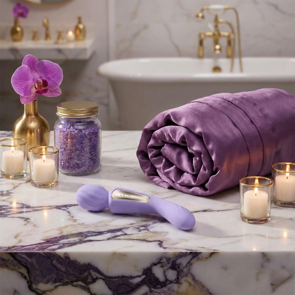 Sextoy de luxe Lelo Lilas posé sur marbre avec accessoires de relaxation et spa.
