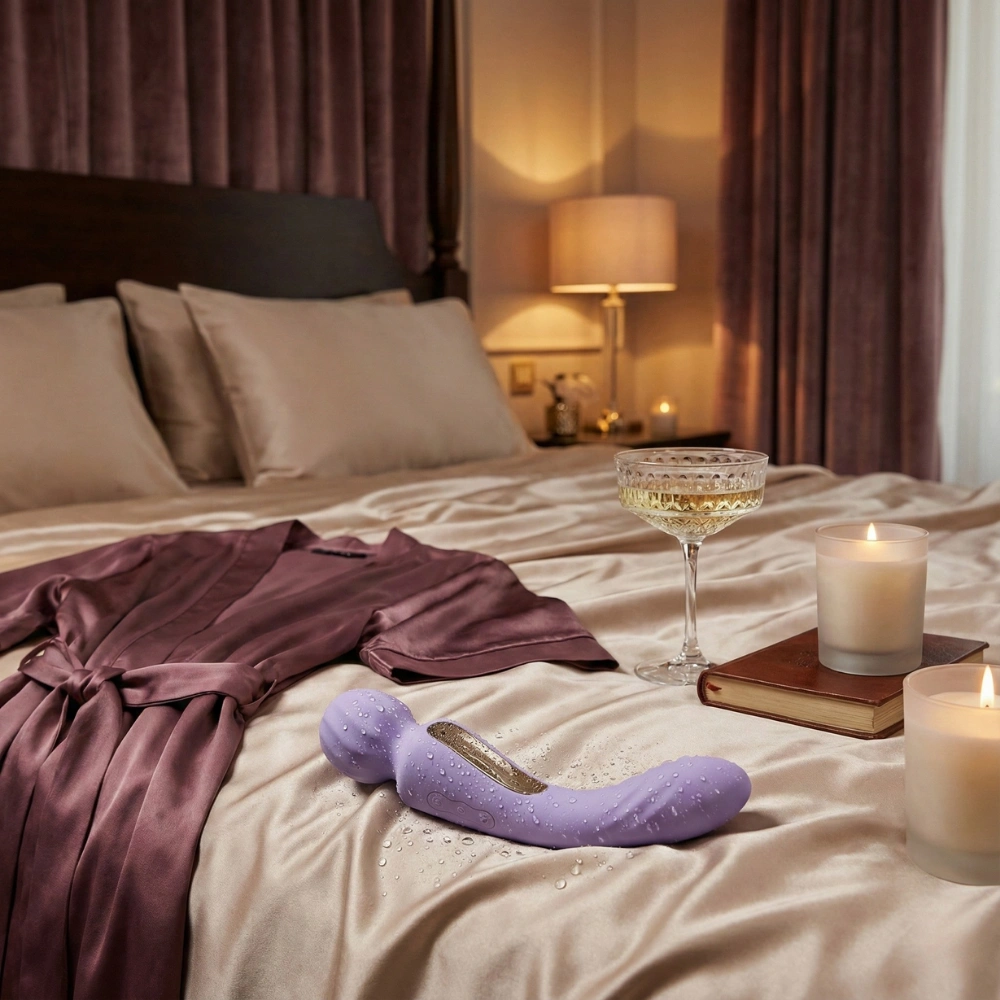 Vibromasseur wand Lelo Lilas dans une chambre avec draps en soie et champagne.