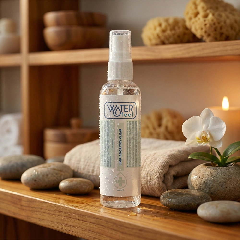 Spray nettoyant pour accessoires intimes Waterfeel dans une ambiance spa et bien-être.