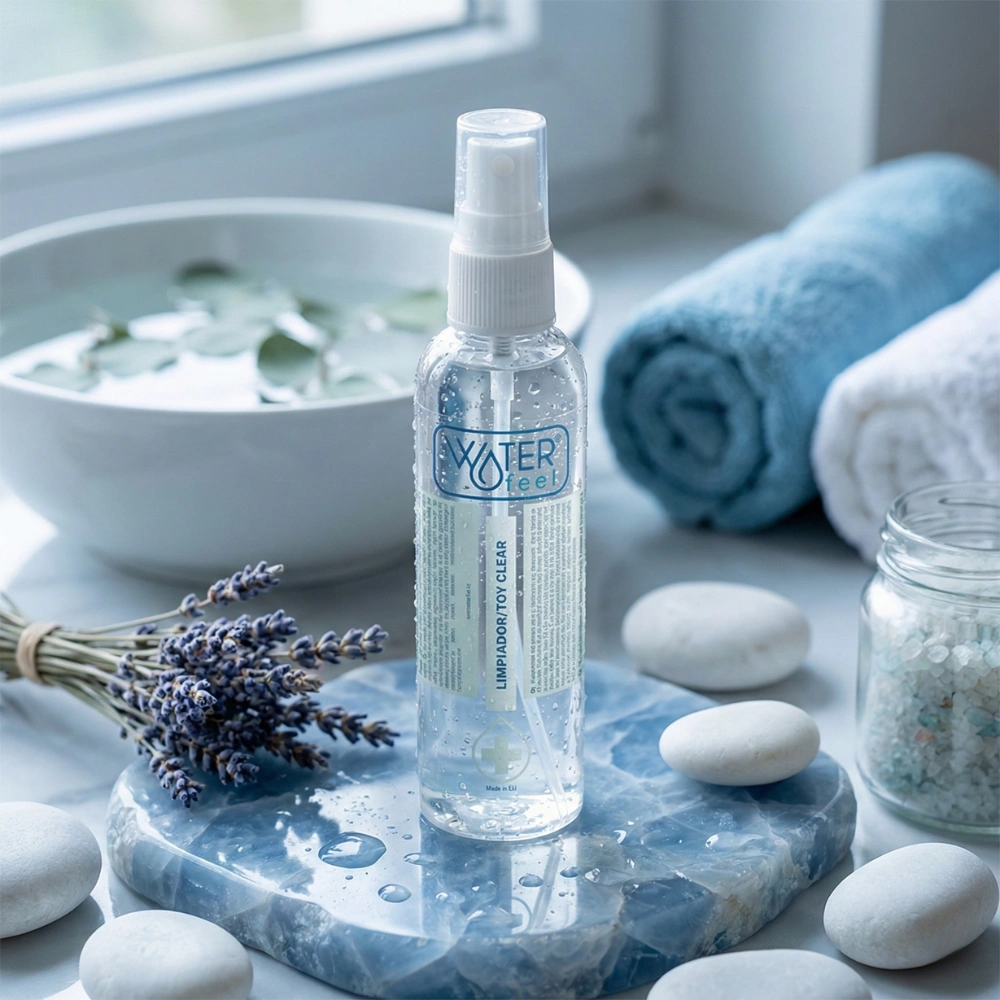 Entretien et hygiène des sextoys avec le spray Waterfeel dans un décor zen avec lavande.