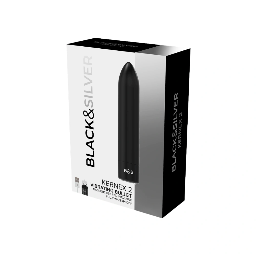 Packaging élégant et mini vibromasseur rechargeable Kernex 2 Black & Silver.