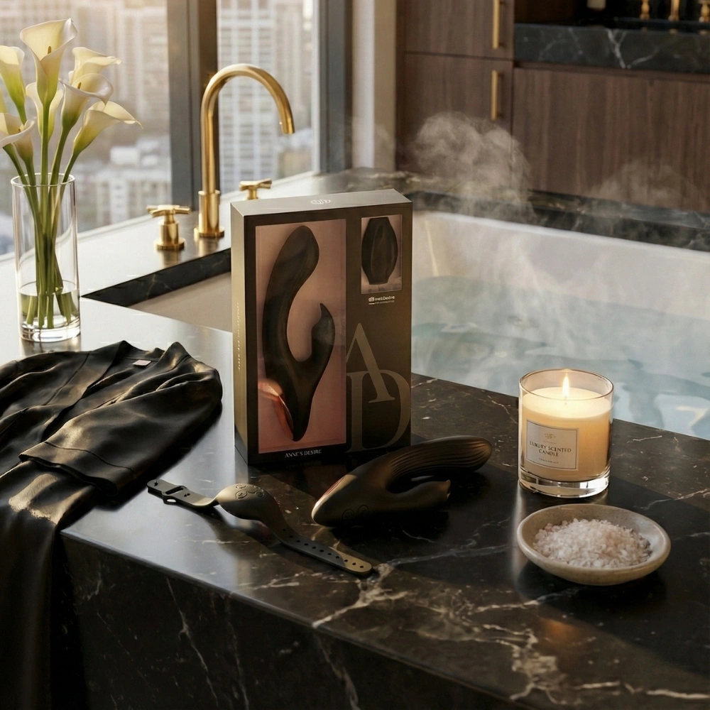 Vibromasseur rabbit étanche posé au bord d'une baignoire dans une suite de luxe.