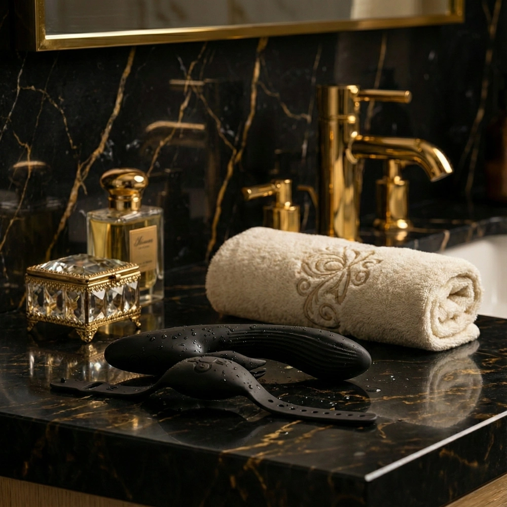 Sextoy premium Annes Desire Rabbit en silicone noir et détails or rose sur marbre.