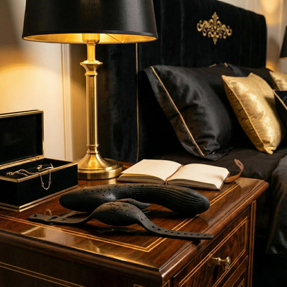 Vibromasseur rabbit et sa télécommande montre Watch Me sur une table de chevet élégante.