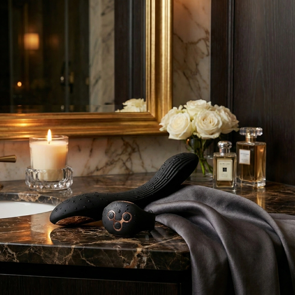 Vibromasseur point G et télécommande montre posés sur un drap de soie gris.