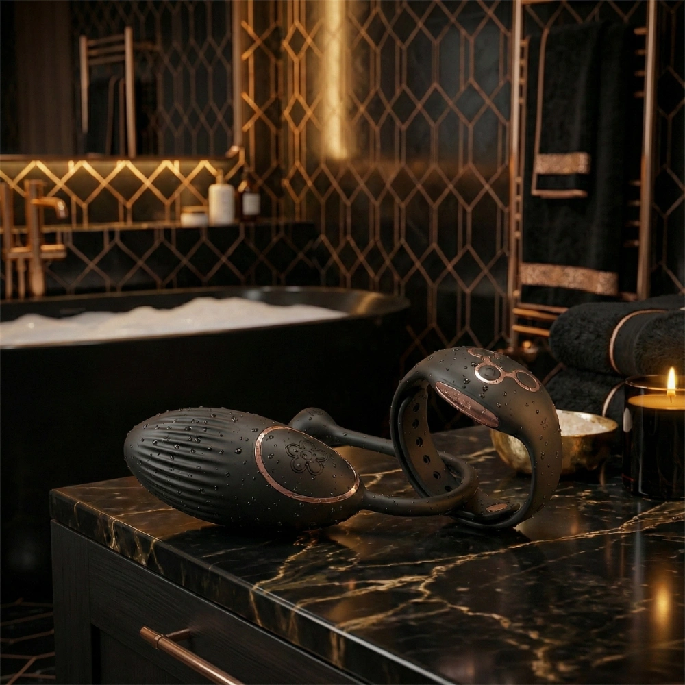 Oeuf vibrant pour femme Annes Desire Egg posé dans une salle de bain chic et moderne.