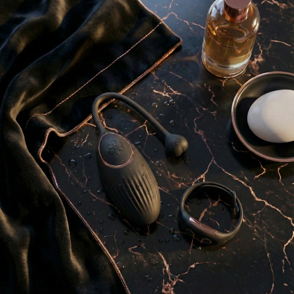 Oeuf vibrant étanche Annes Desire Egg sur un drap de soie pour une ambiance sensuelle.