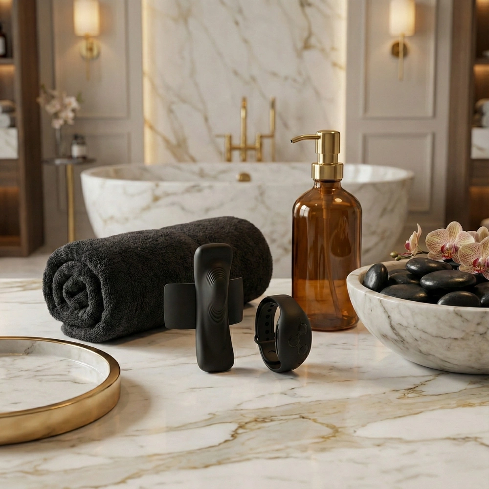 Vibromasseur culotte discret en silicone noir posé sur un marbre de salle de bain.
