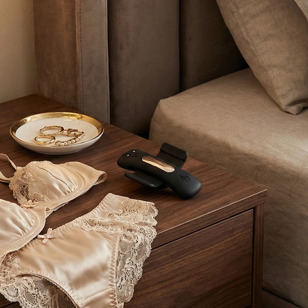 Vibromasseur de culotte pour femme posé sur une table de chevet avec de la lingerie.
