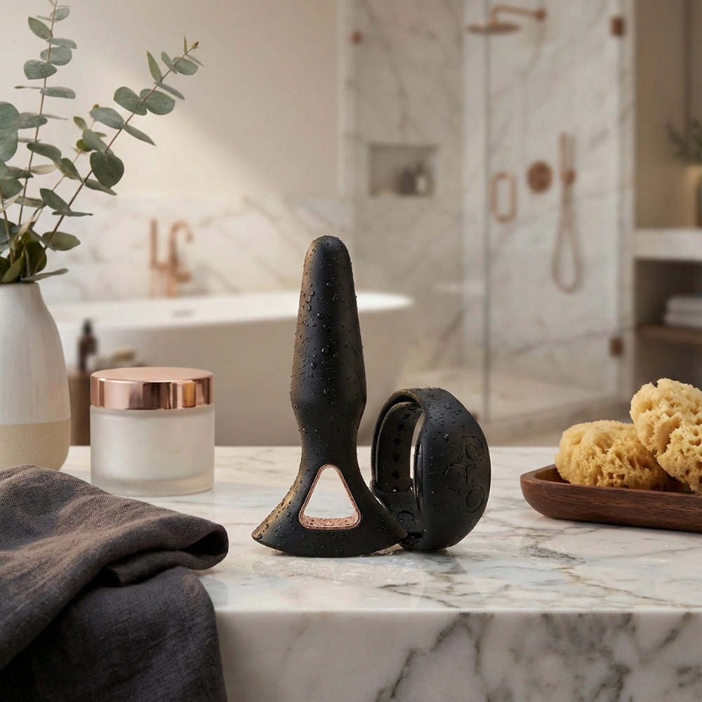 Plug anal étanche en silicone médical posé sur un plan en marbre dans une salle de bain.