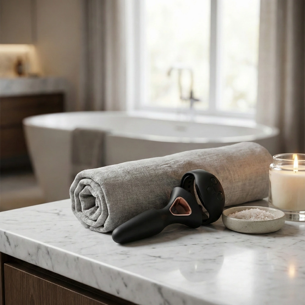 Plug anal vibrant noir avec détails or rose pour le plaisir anal masculin et prostatique.