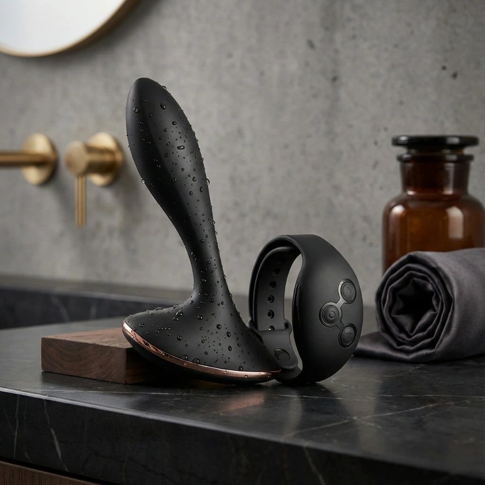 Masseur de prostate étanche en silicone avec gouttes d'eau sur marbre noir.