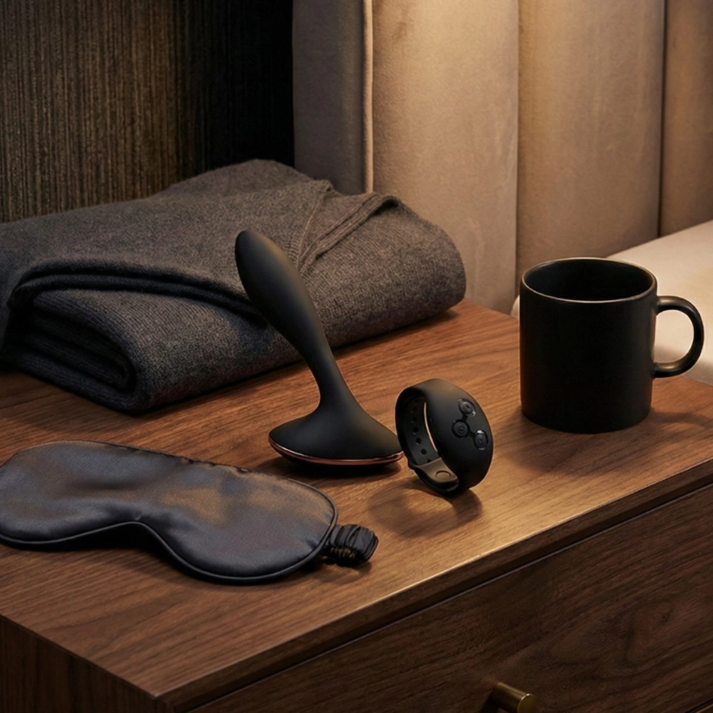 Sextoy pour homme Vernet et sa télécommande bracelet sur une table de chevet.