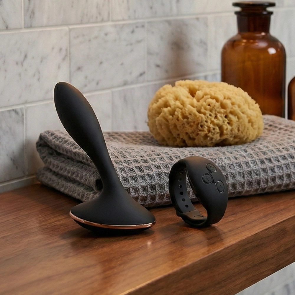 Stimulateur prostatique ergonomique Ambiguo posé dans une salle de bain zen.