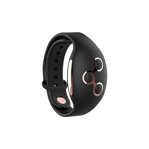 Montre télécommande Watchme en silicone noir avec boutons or rose.