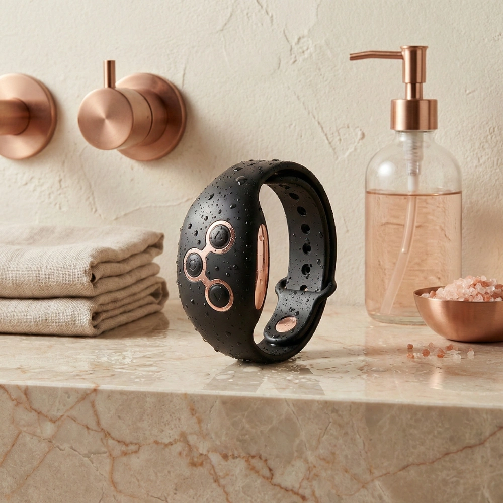 Télécommande montre étanche Watchme posée sur un rebord en marbre de salle de bain.