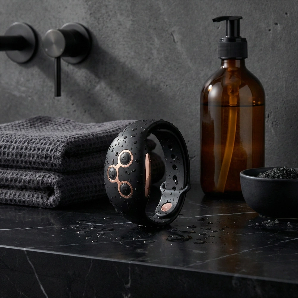 Accessoire de plaisir connecté : montre Watchme à côté d'huiles de soin et bougies.