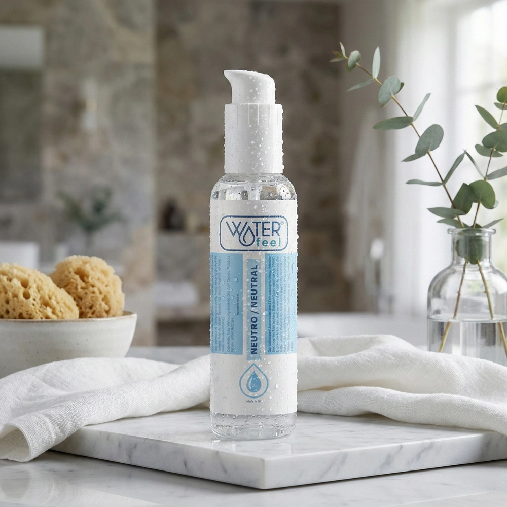 Lubrifiant Waterfeel Neutral posé sur un plateau en marbre avec éponges naturelles.