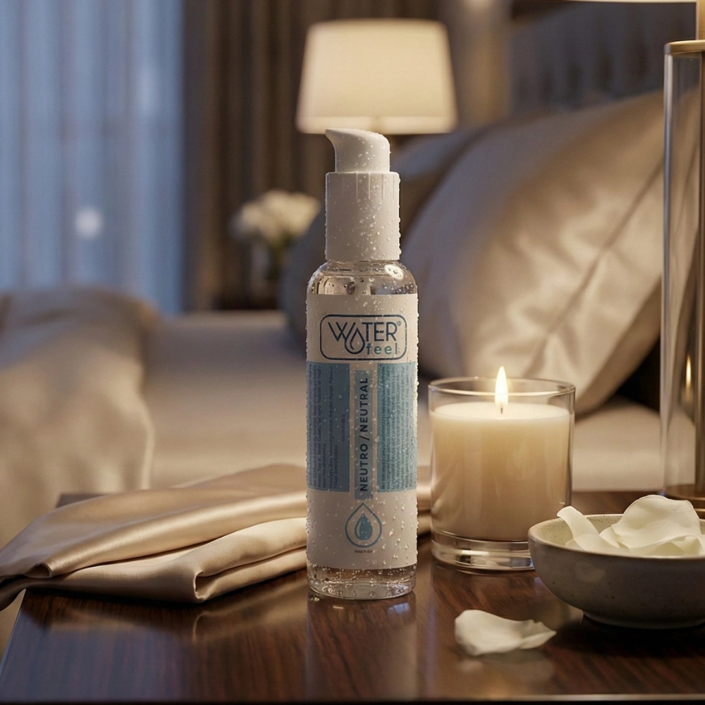 Gel lubrifiant hydratant Waterfeel sur une table de chevet pour une ambiance intime.