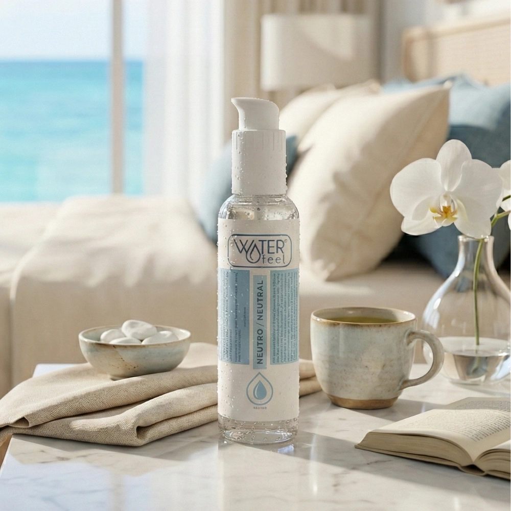 Lubrifiant naturel haute qualité Waterfeel dans un décor spa avec orchidée blanche.