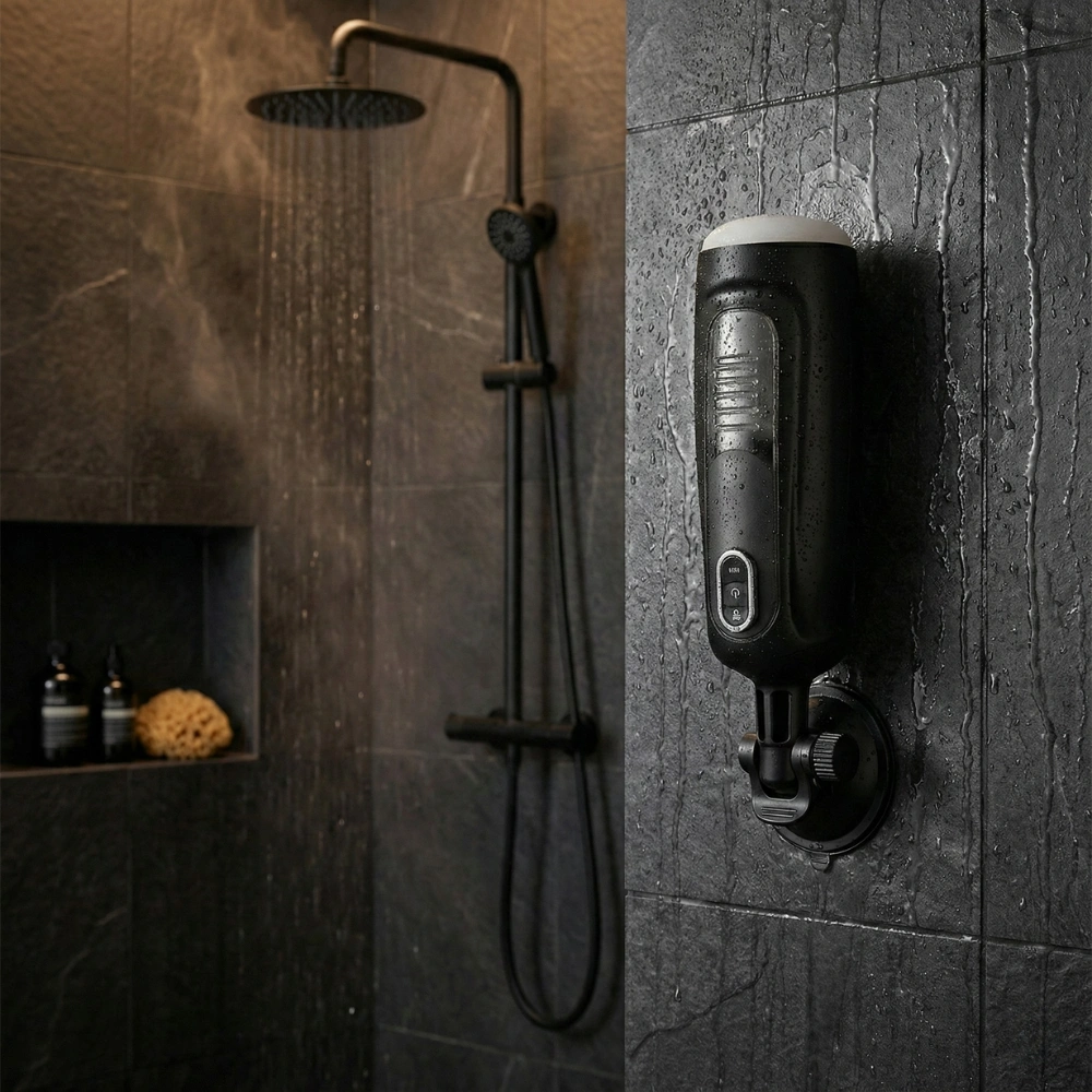 Masturbateur mains libres fixé par ventouse sur le carrelage d'une douche moderne et étanche.