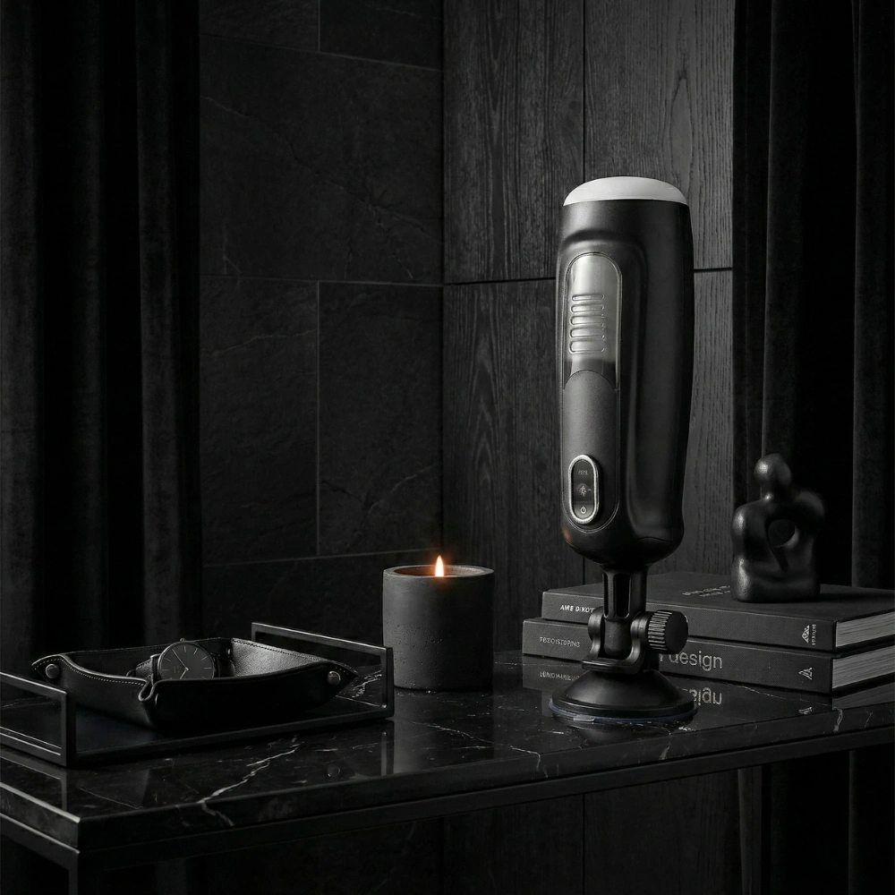 Masturbateur automatique élégant et discret dans un décor de chambre sombre avec bougie.
