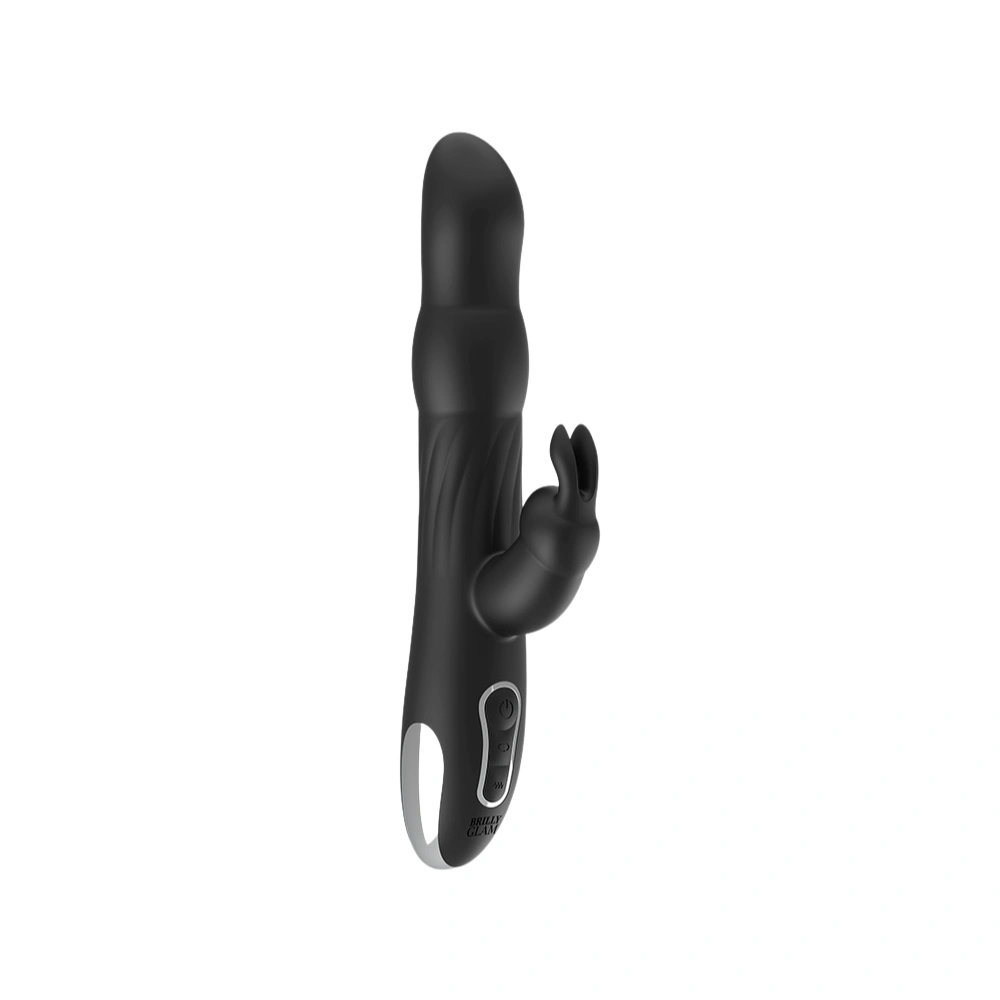 Vibromasseur rabbit rotatif noir avec stimulateur clitoridien et billes tournantes.